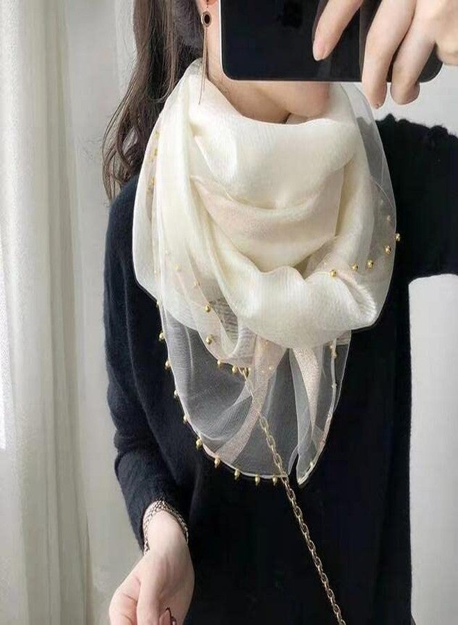HURESON Womens Scarves Lightweight Silk Scarf Shawls and Wraps for Evening Dresses Summer Beach Wedding Shawl gifts (Beige with pearl) - Image 3